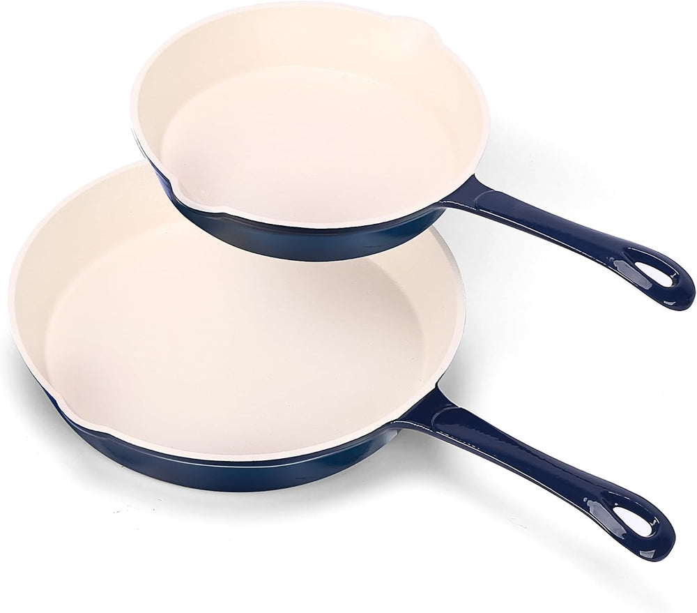 Hisencn Pans Set,8 & 9.5 Inch Ceramic Cast Iron Pans Set,Blue