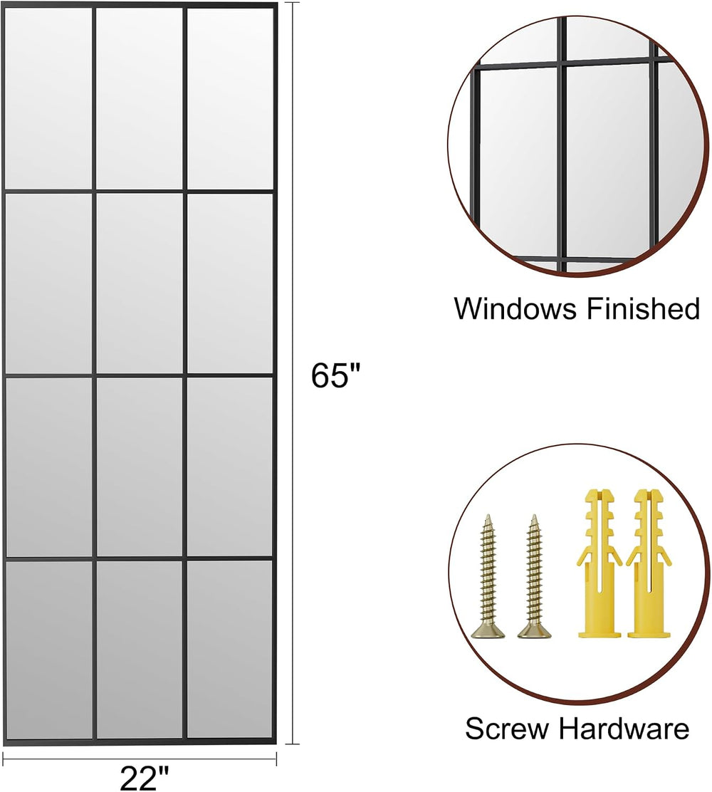Full Length Mirror, 65"x22" Standing Windowpane Wall Mirror (Black)