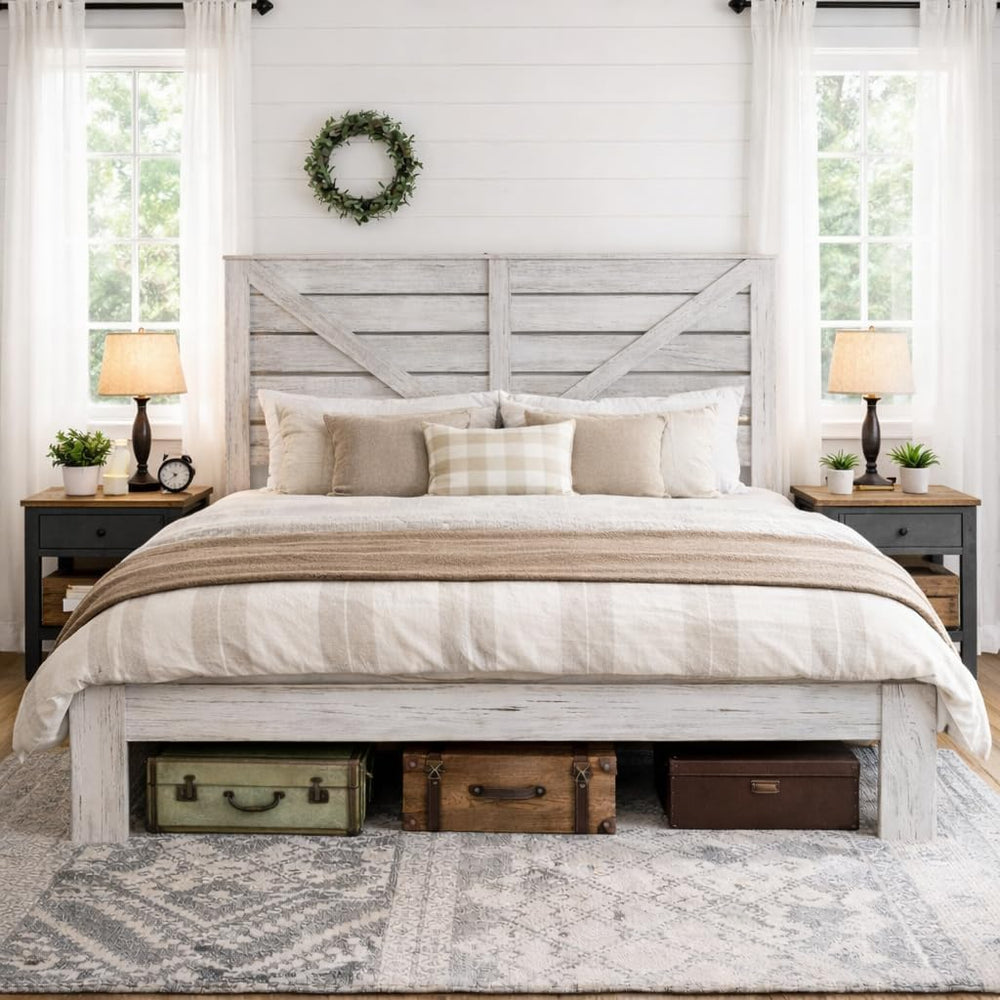 Queen Farmhouse Bed Frame with Headboard, LED Lights, USB Charging