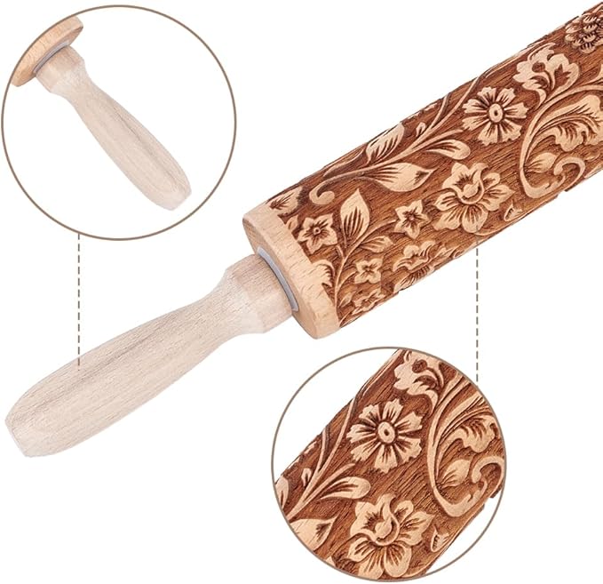 Embossed Wooden Rolling Pin Darker 3D Flower Rattan 35cm Rolling Pin - Image 3