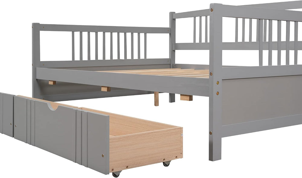 Full Size Wooden Daybed with Two Storage Drawers and 10 Wooden Slats Support,...
