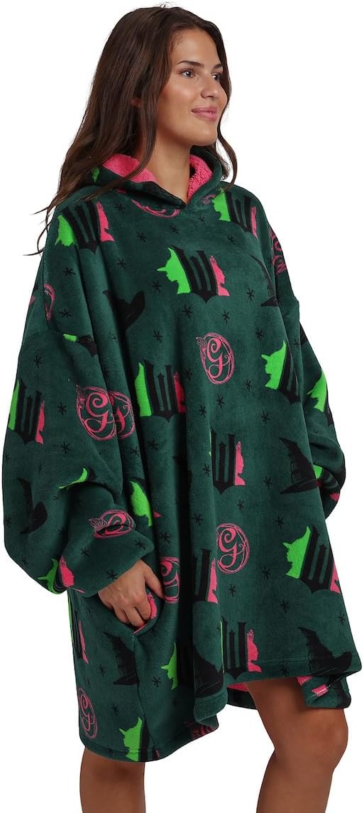 Bioworld Wicked Part 1 Witch & Glinda Seal All-Over Print Adult Green Long Sleeve Comfy Hooded Blanket