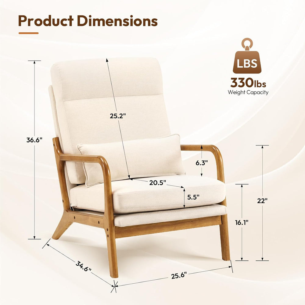 Bonnlo High Back Linen Beige Mid Century Modern Accent Chair, Soild Wood Padd...
