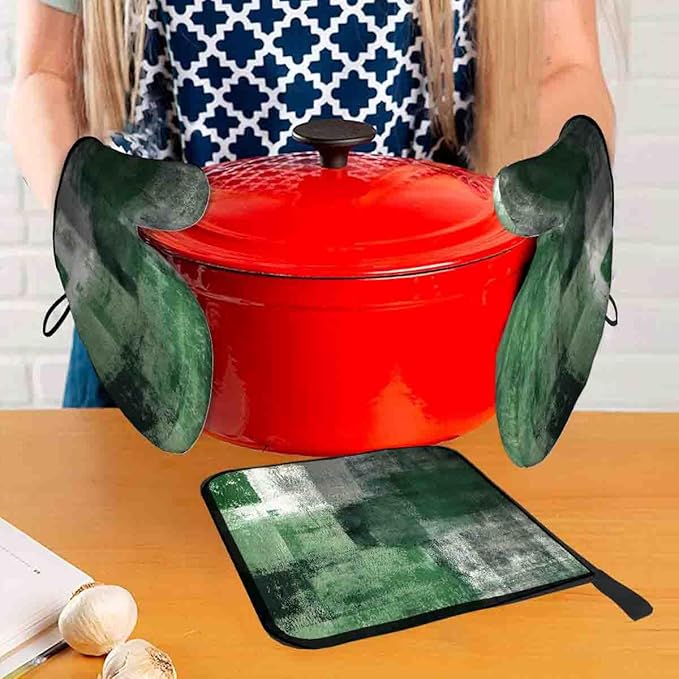 LOKMU Oven Mitts and Pot Holders Set of 3, Emerald Green and Grey White - Image 6