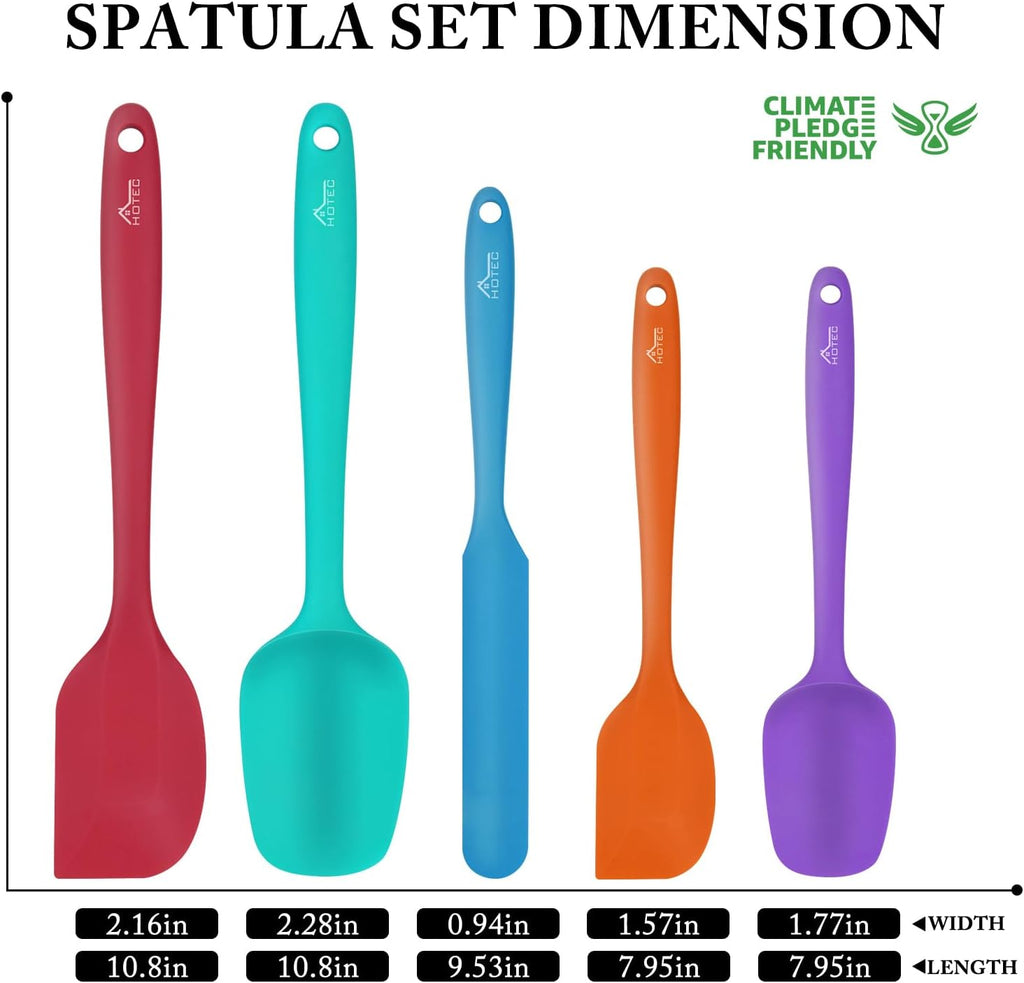 HOTEC Heat Resistant 600℉ Food Grade Silicone Rubber Spatula Set for Baking, Cooking, and Mixing Non Stick Dishwasher Safe BPA-Free Multicolor Set of 5