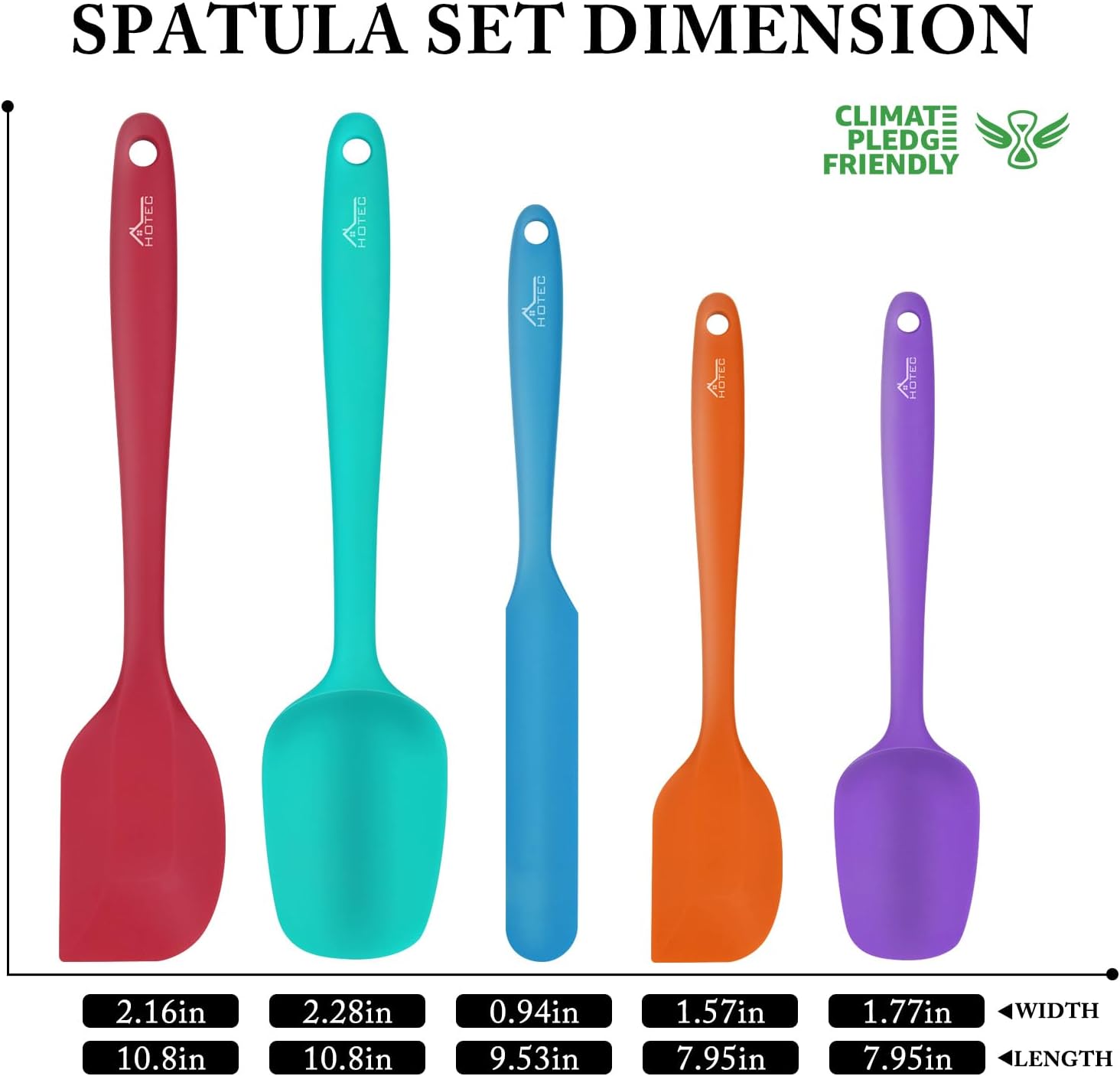 HOTEC Heat Resistant 600℉ Food Grade Silicone Rubber Spatula Set for Baking, Cooking, and Mixing Non Stick Dishwasher Safe BPA-Free Multicolor Set of 5