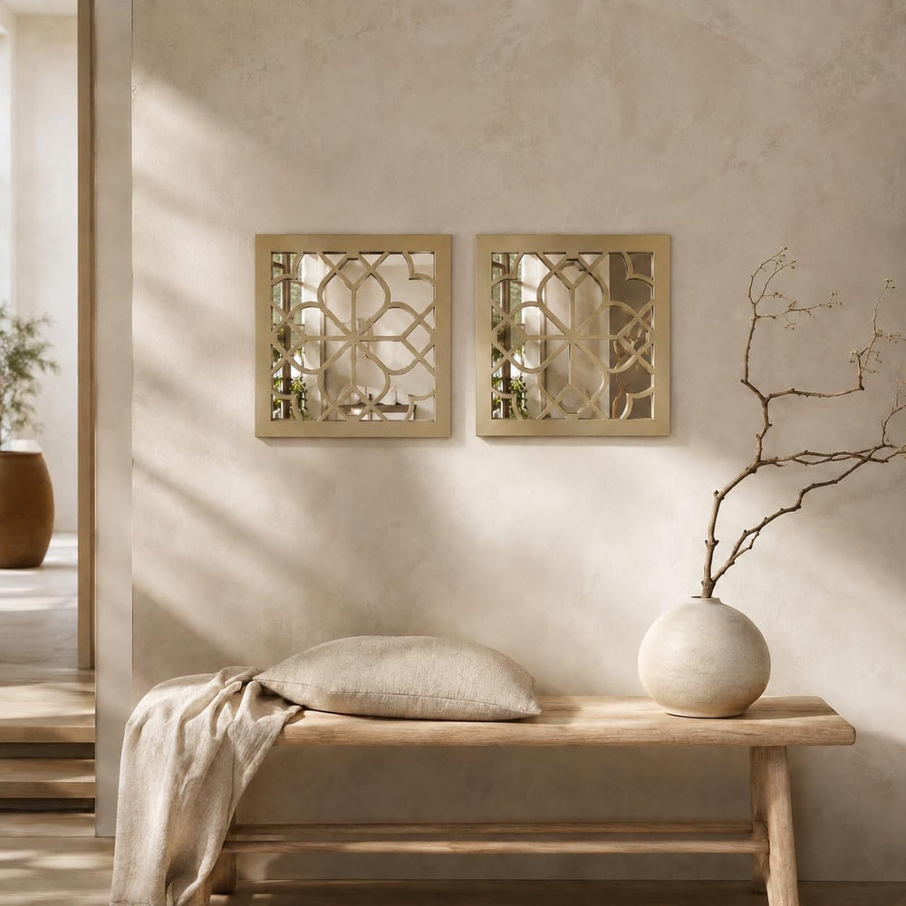 Set of 2 Boho Square Wall Mirrors - Matte Gold Metal Shatterproof Hanging for...
