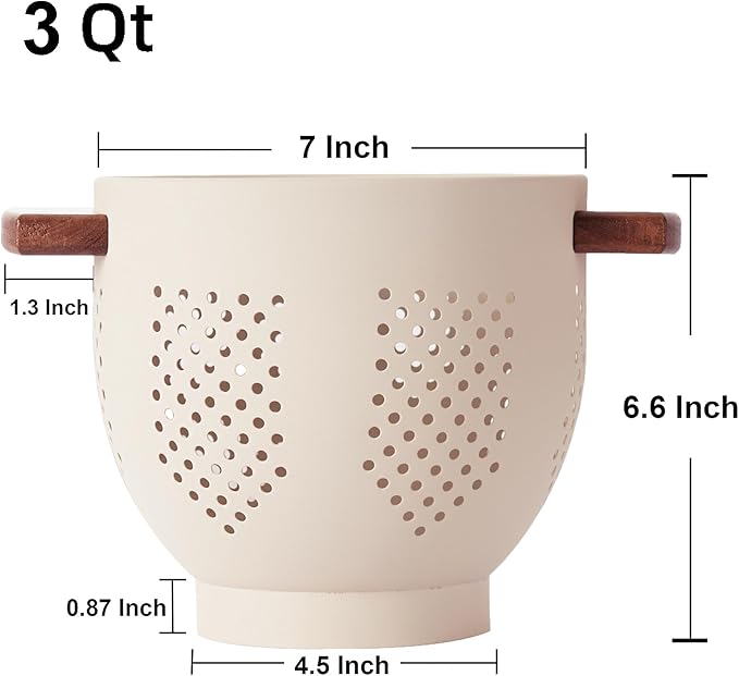 BeFare Metal Colander with Wood Handle and Stable Base, Powder Coated Steel