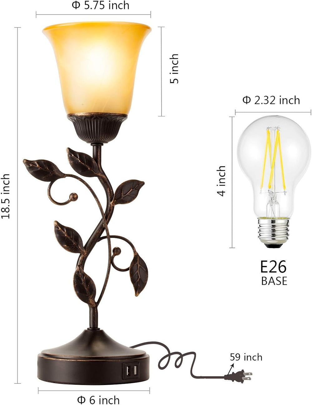 Touch Control Leaf Vintage Table Lamp with 3-Way Dimmable 2 USB C+A Ports