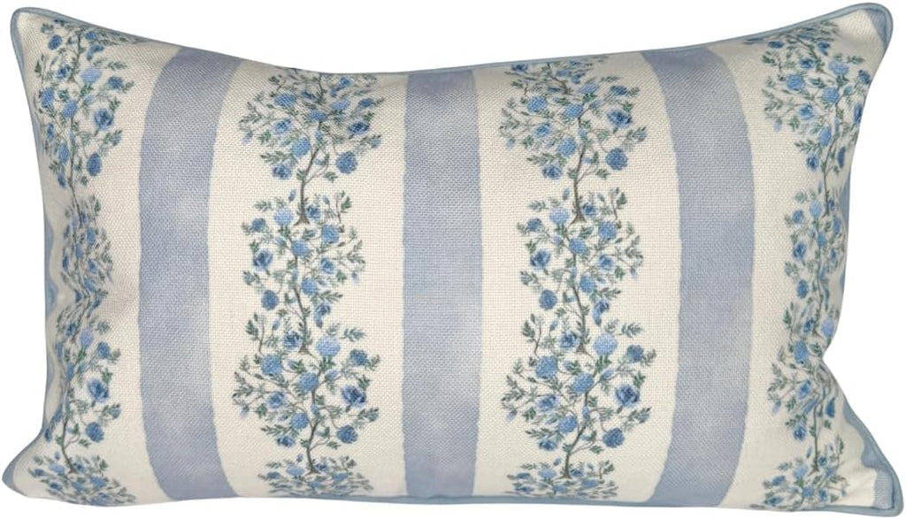 “The Juliet” Floral Block Print Pillow Cover – Soft Blue and Off-White Decorative Throw Pillow Cover – Grandmillennial Home Decor, 12"x20"