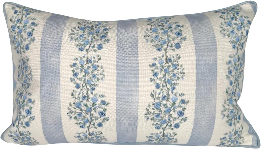 “The Juliet” Floral Block Print Pillow Cover – Soft Blue and Off-White Decorative Throw Pillow Cover – Grandmillennial Home Decor, 12"x20"