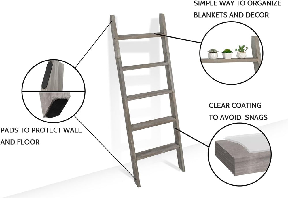 Blanket Ladder, 5ft Rectangle Rung Rustic Solid Wood Decor Rack, Grey | 5 run...