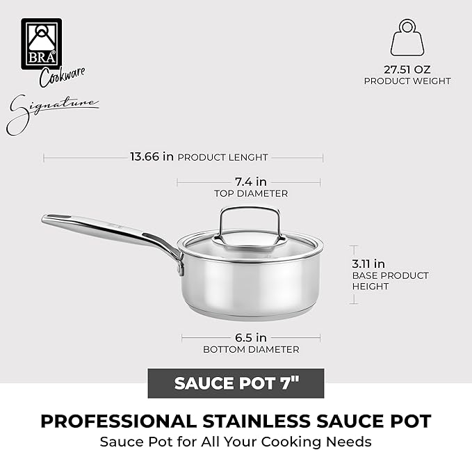 BRA COOKWARE Signature Stainless Steel Sauce Pot w/Glass Lid | 7 Inch 1.4 Quart - Image 2