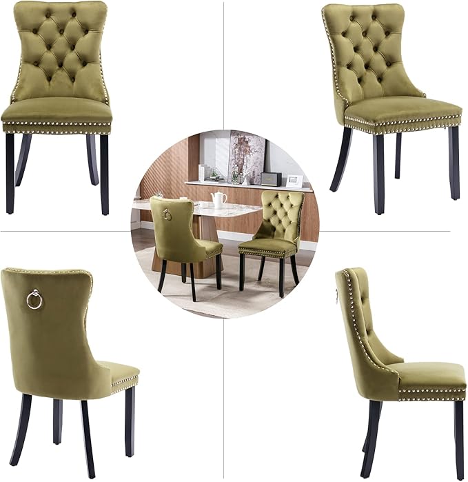 Velvet Dining Chairs Set of 4, Tufted Upholstered Wingback with Back Ring Pul...
