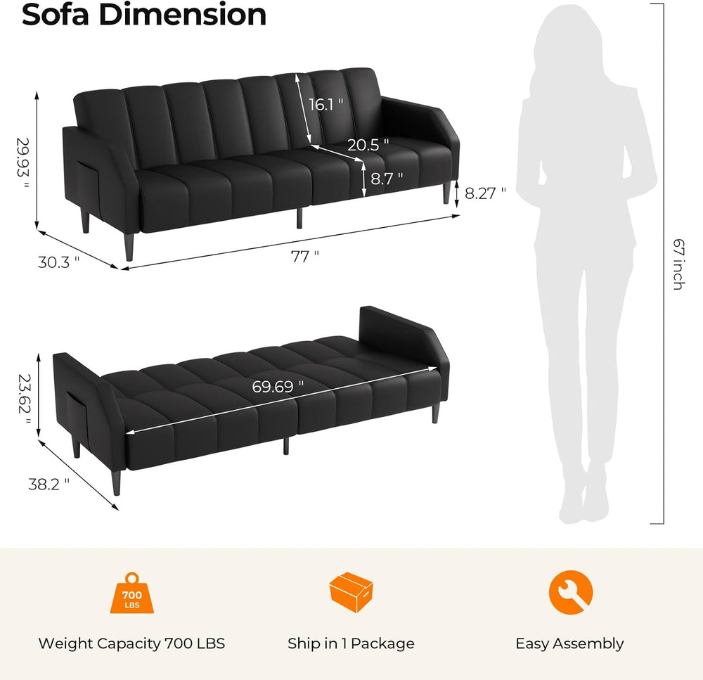 Fadware Faux Leather Couch, Convertible Futon Sofa Bed with Adjustable Backre...