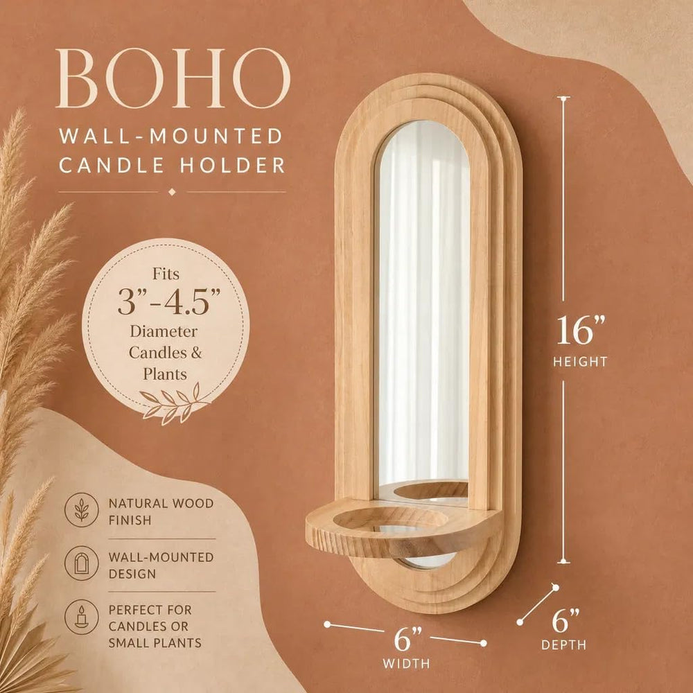Wood Wall Sconce Candle Holder with Mirror - Set of 2 Wooden Candle Holders,F...