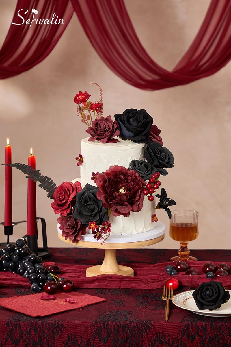 Serwalin Burgundy Black Artificial Flowers Combo, Silk Flowers for Wedding