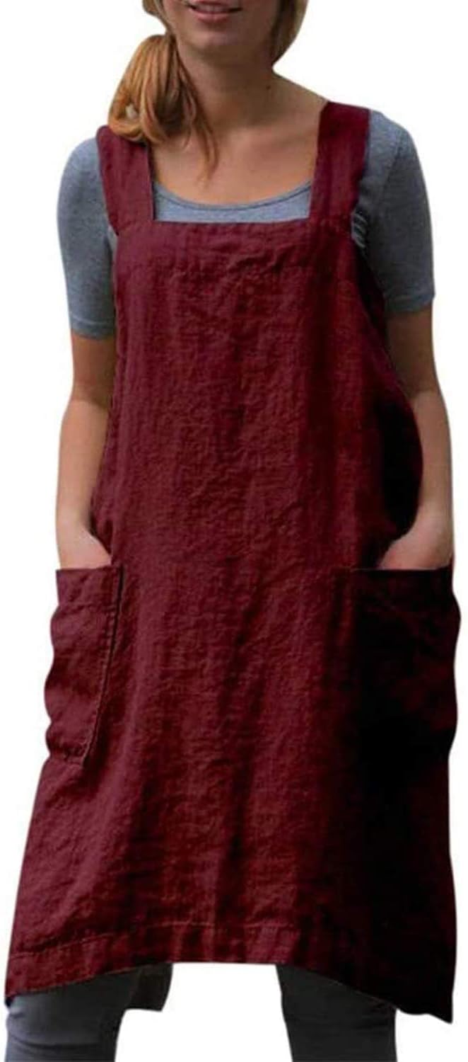 VLZUFE Cotton Linen Apron for women Cross Back Apron Pinafore Dress for Baking by Unknown