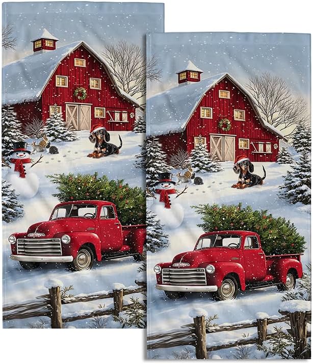 Giwawa Red Truck Hand Towels Winter Xmas Tree Bath Fingertip Towel Set of 2 Soft Absorbent Holiday Kitchen Dish Wash Cloth for Bathroom Hotel Gym