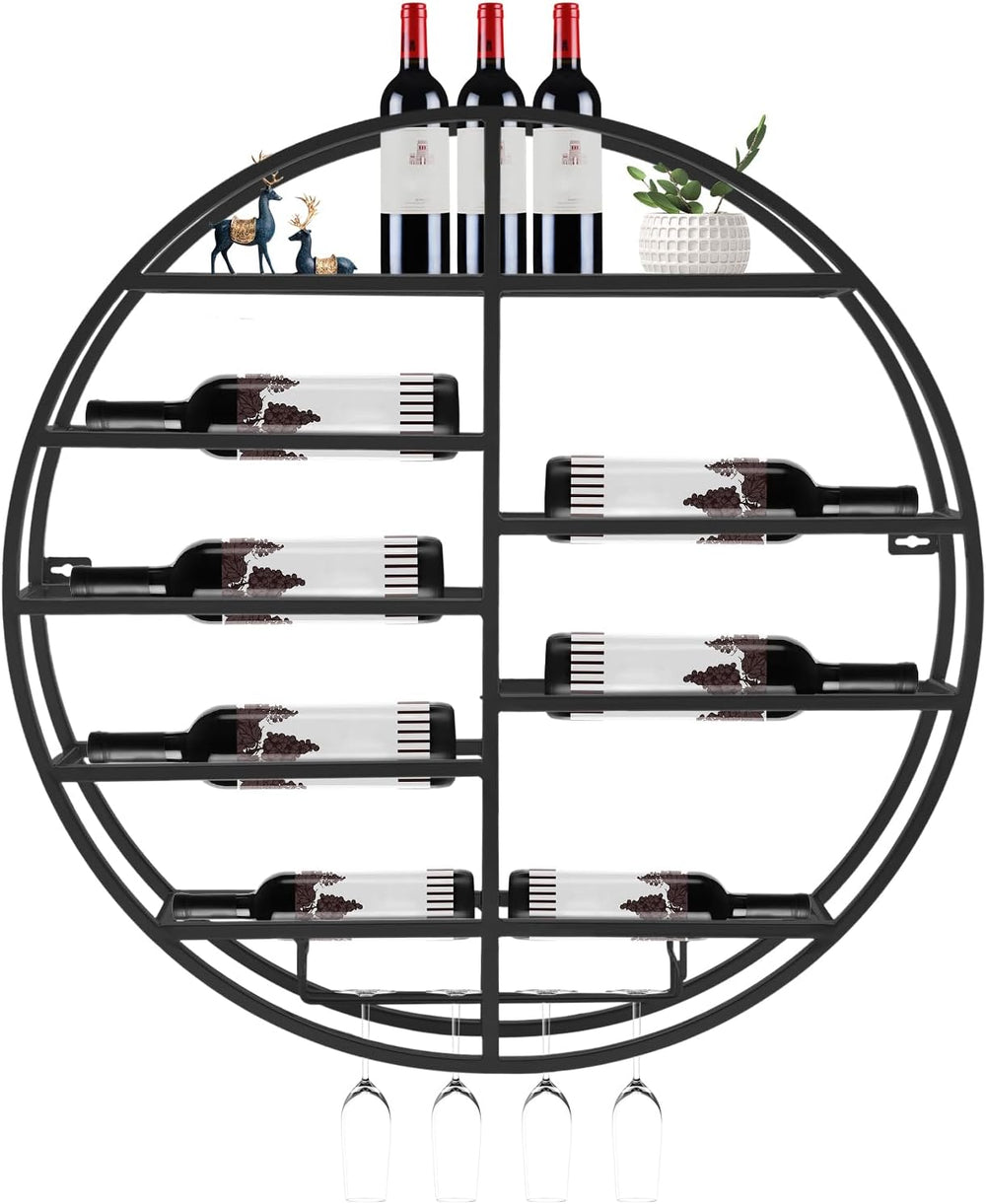 Round Wall Mounted Wine Rack with Wine Glass Shelf Goblet Holder- 23.6 Inch F...