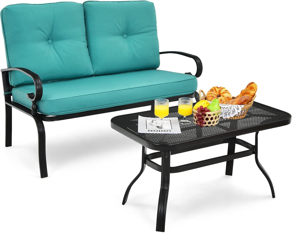 Giantex Patio Loveseat with Coffee Table Outdoor Bench with Cushion and Metal...