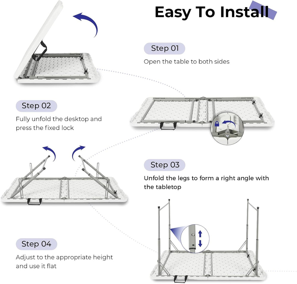 Byliable Folding Table 4 Foot Portable Heavy Duty Plastic Fold-in-Half Utilit...