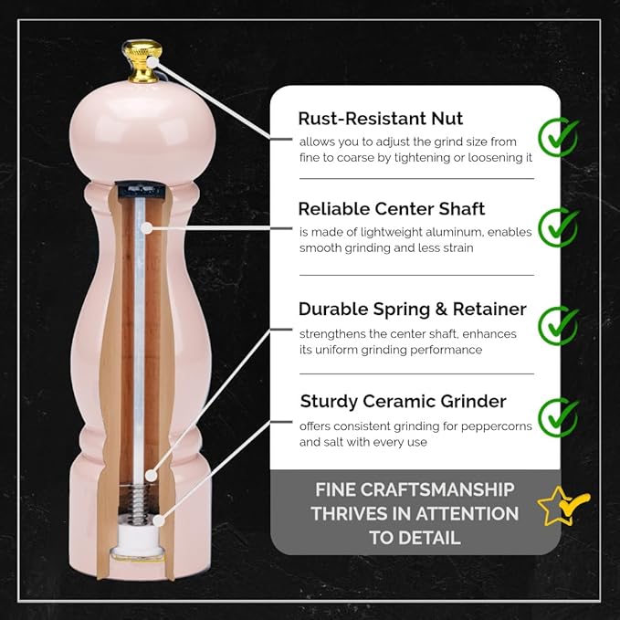 Rose Pink Salt Pepper Grinder Mill, 8 Inch Classic Wood Manual Salt Pepper - Image 3