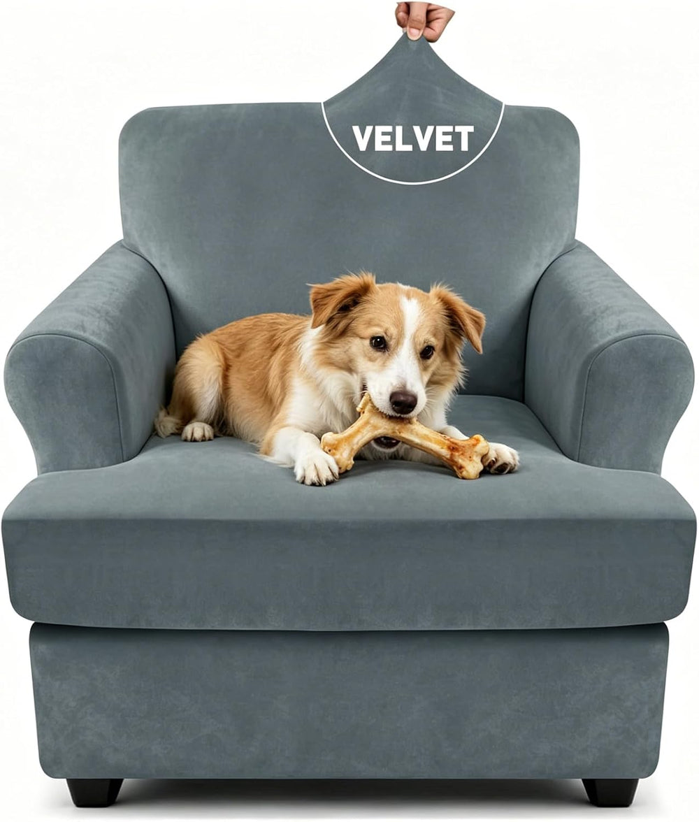 YEMYHOM Real Velvet 2 Pieces T Cushion Chair Covers with Arms Super Stretch C...
