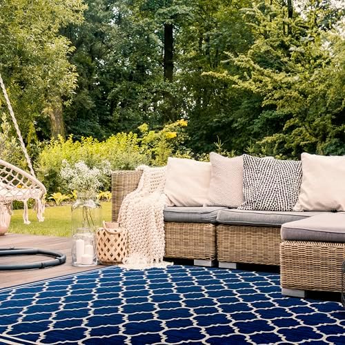 SAFAVIEH Courtyard Collection 8' x 11' Navy/Beige CY6918 Trellis Indo...