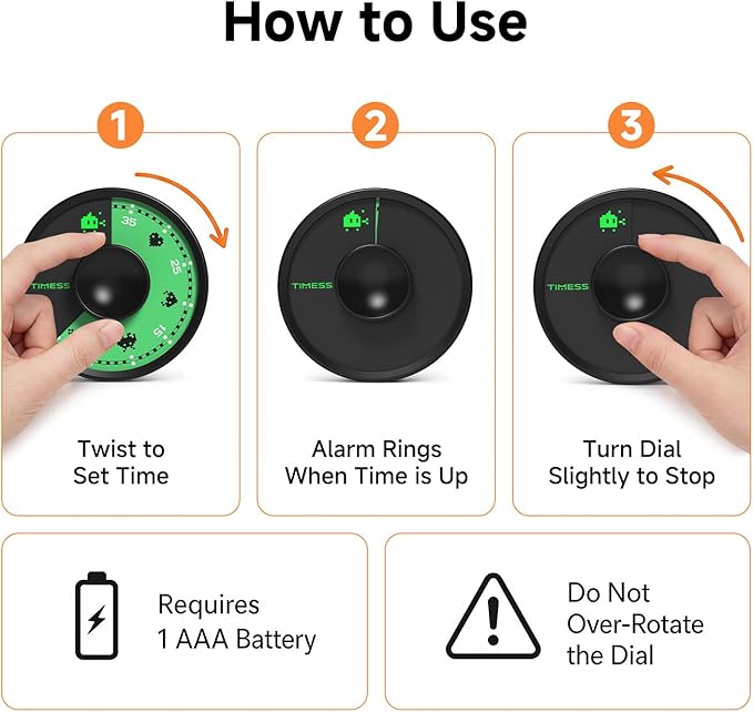60-Minute Visual Timer, Twist to Set, Loud Battery-Powered Alarm, Minimalist - Image 5