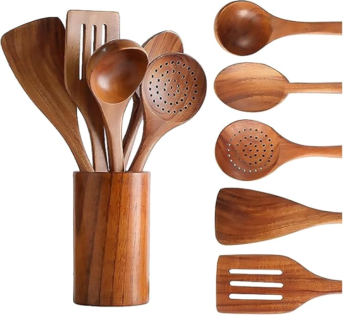 6 PCS Wooden Cooking Utensils Set, Wooden Spoons by KEJJRIUTN