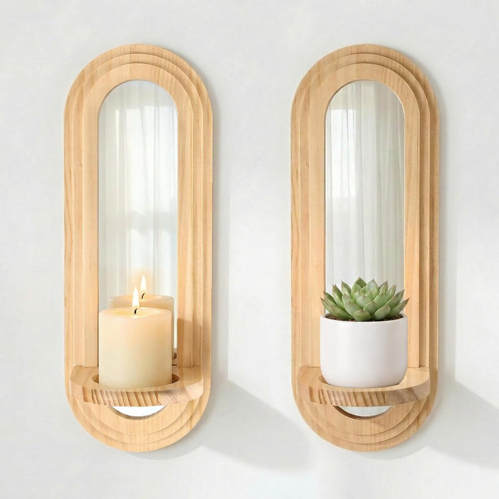 Wood Wall Sconce Candle Holder with Mirror - Set of 2 Wooden Candle Holders,F...