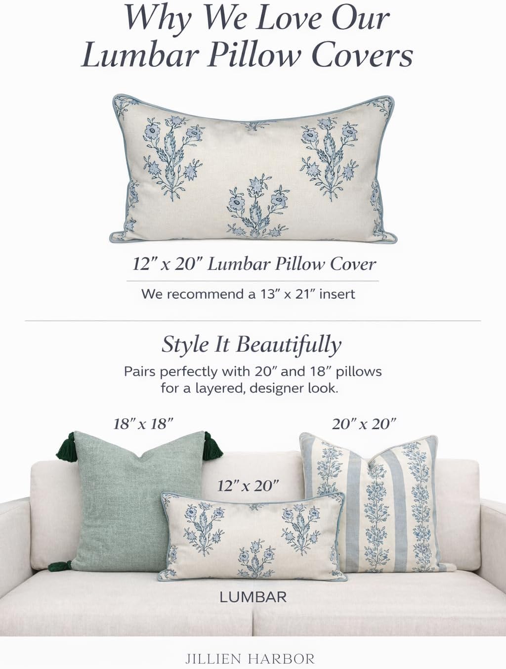 Mary Lumbar Grandmillennial Pillow Cover Only, 12"x20" for Couch, Bed, Chair