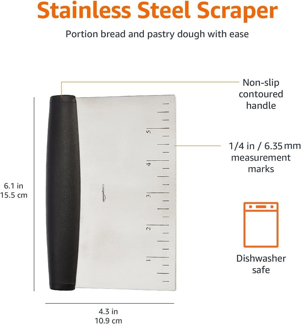Amazon Basics Multi-Purpose Bench Scraper, Stainless Steel Dough Cutter with Measurement Marks, Dishwasher Safe, Non-slip Contoured Grip, 6", Black, Silver