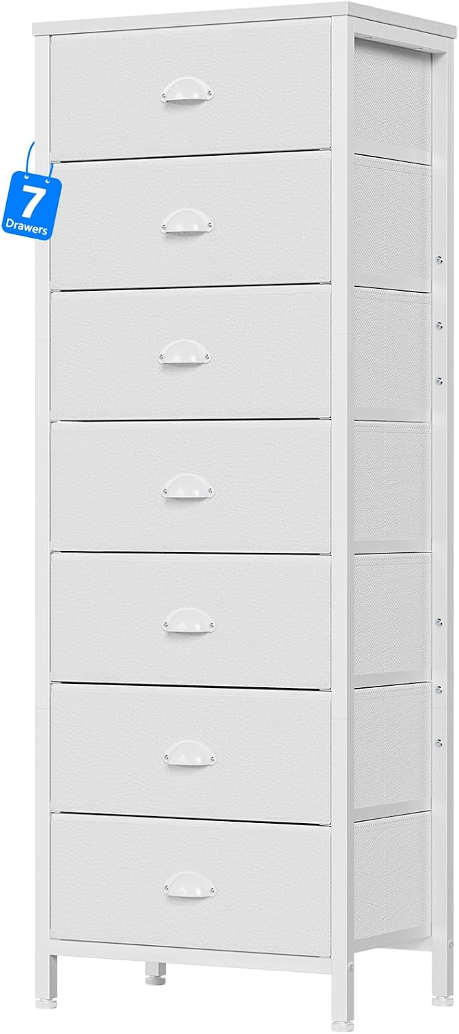 White Tall Dresser for Bedroom, Chest of Drawer with Fabric Drawer