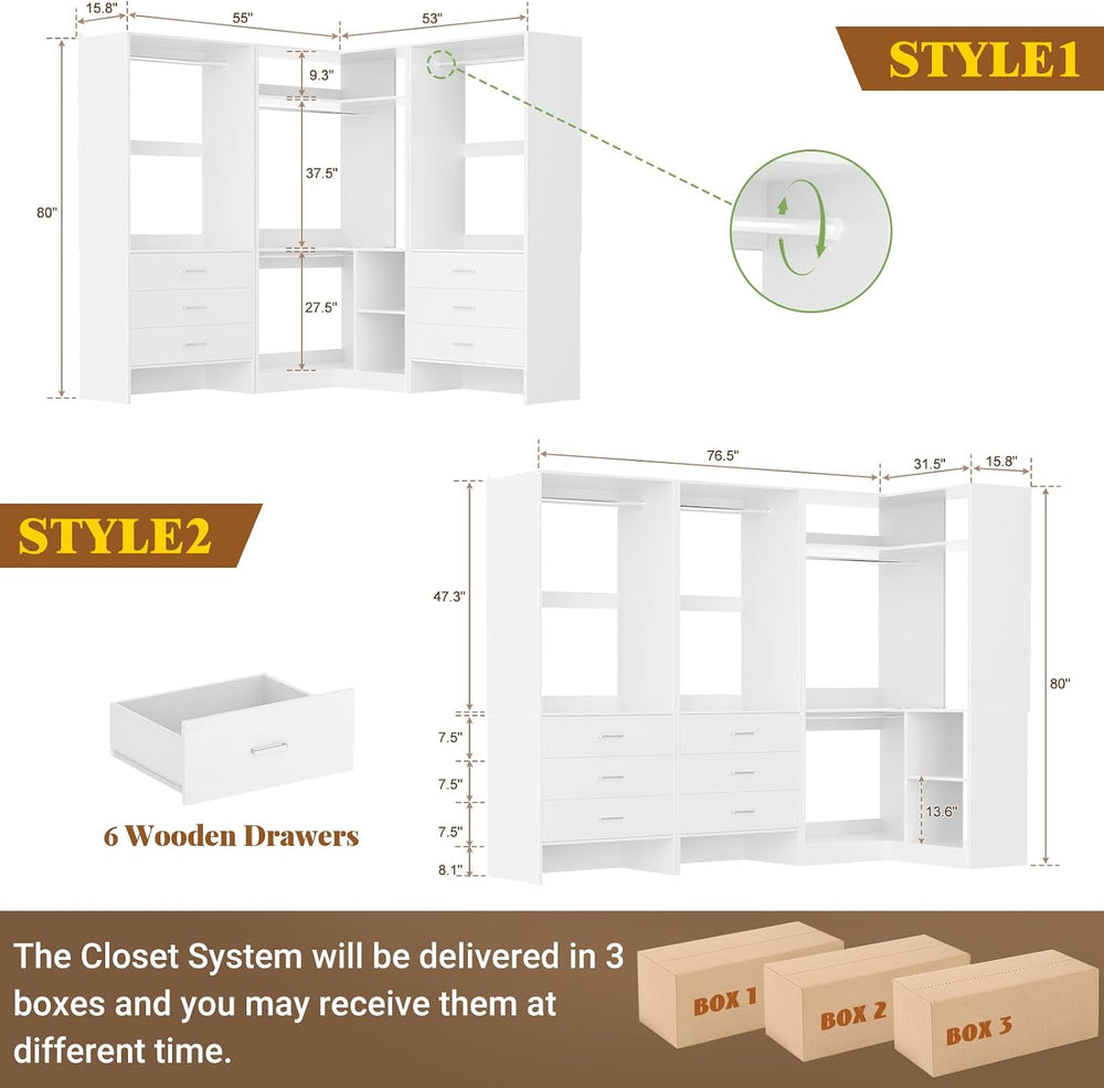 Aheaplus Closet System, Closet Organizer with 6 Drawers， (White, 76.5")
