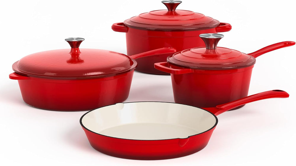 DishDelight Enameled Cast Iron Cookware Set, 7 Piece Induction Dutch Oven Set