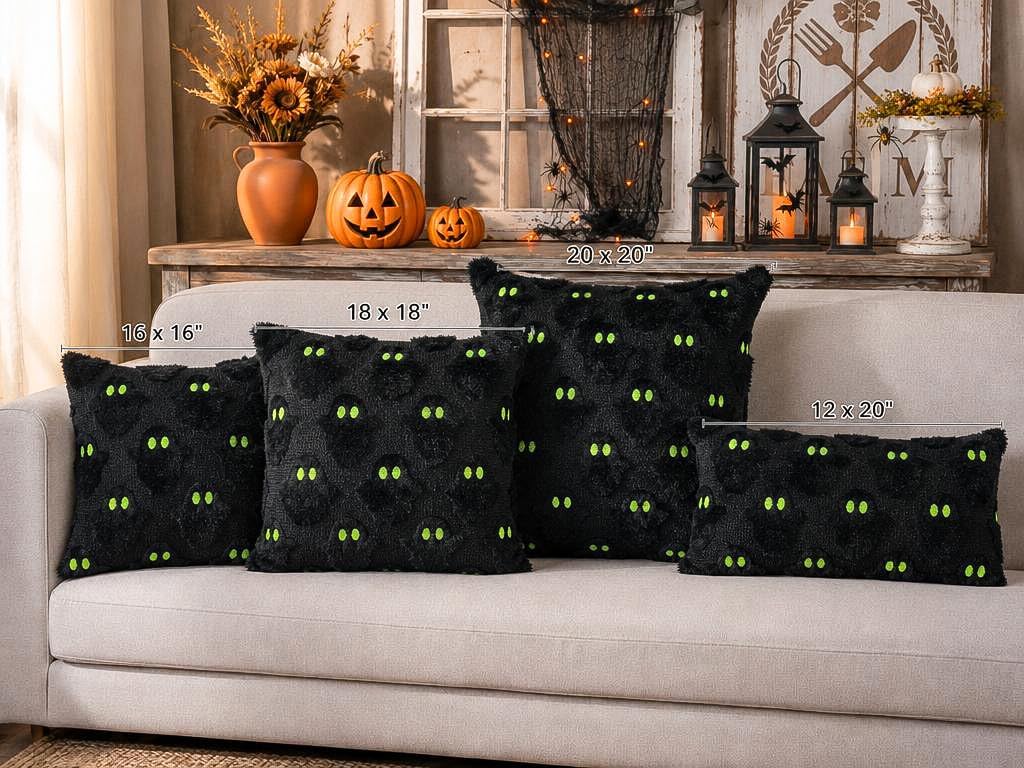 Halloween Ghost Decorative Pillow Covers 18x18 Set of 2, Black Green Soft Plush Faux Fur Farmhouse Throw Cushion Cases for Fall Autumn Holiday Home Decorations