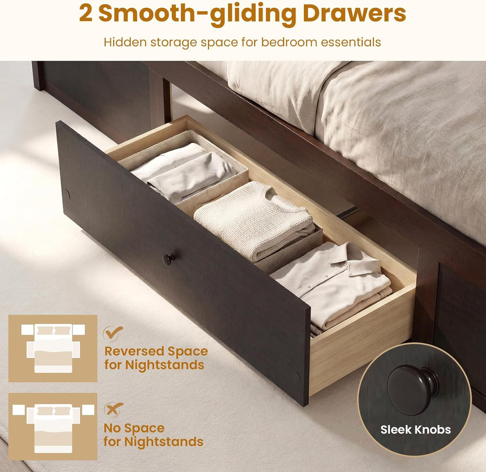 KOMFOTT Full Size Bed Frame with 2 Drawers, Rattan Bed Frame (Espresso)