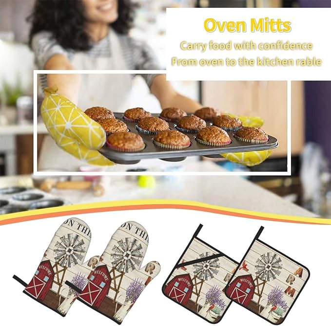 Oven Mitts and Pot Holders Sets of 4, Farmhouse Windmill and Barn House - Image 7