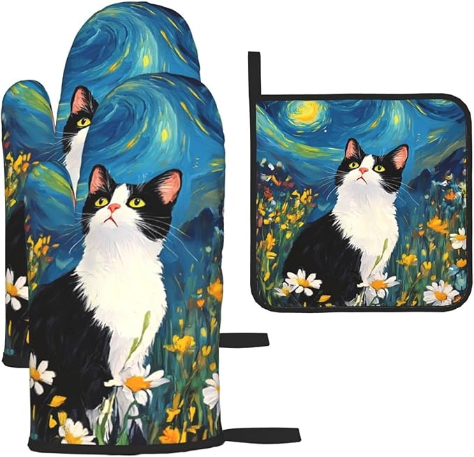 Funny Black Cat Oven Mitts and Hot Pads Set of 3, Abstract Cute Kitchen Mitts by Unknown