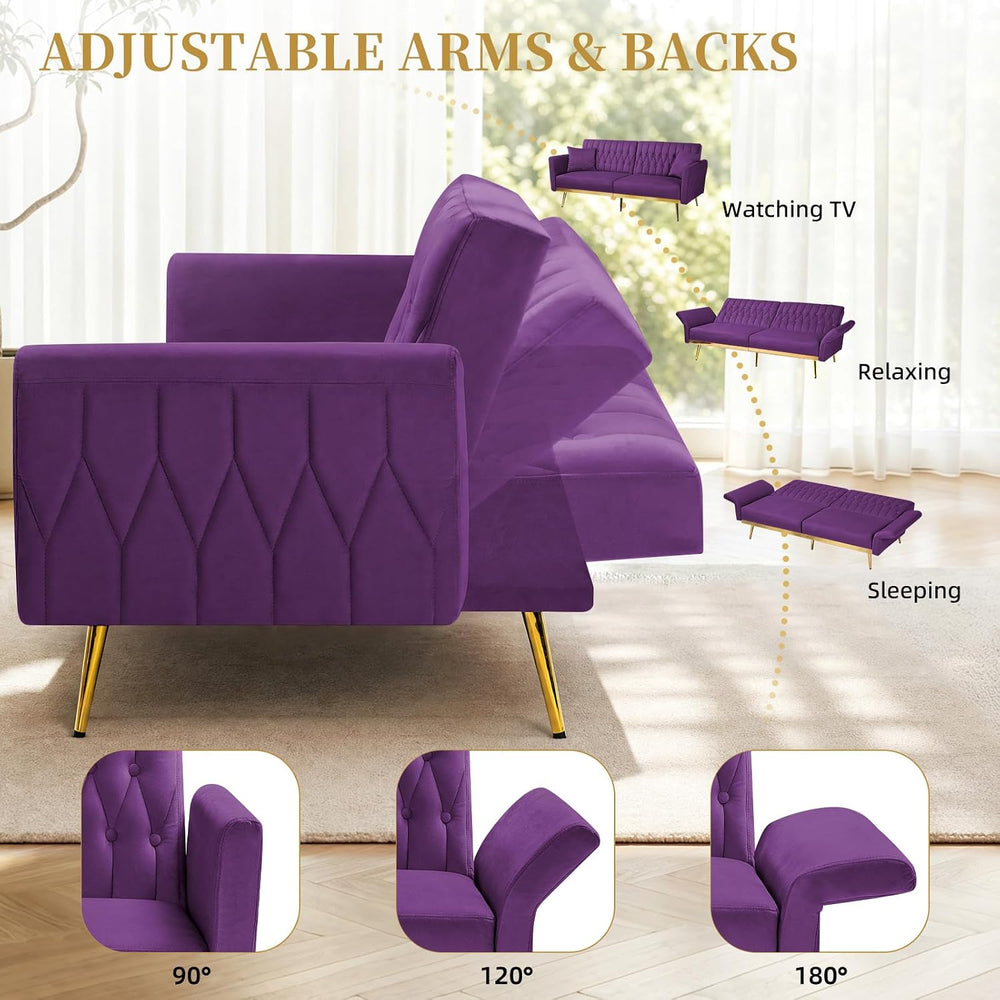 70” Velvet Futon Sofa Bed w/Adjustable Armrests, Purpel