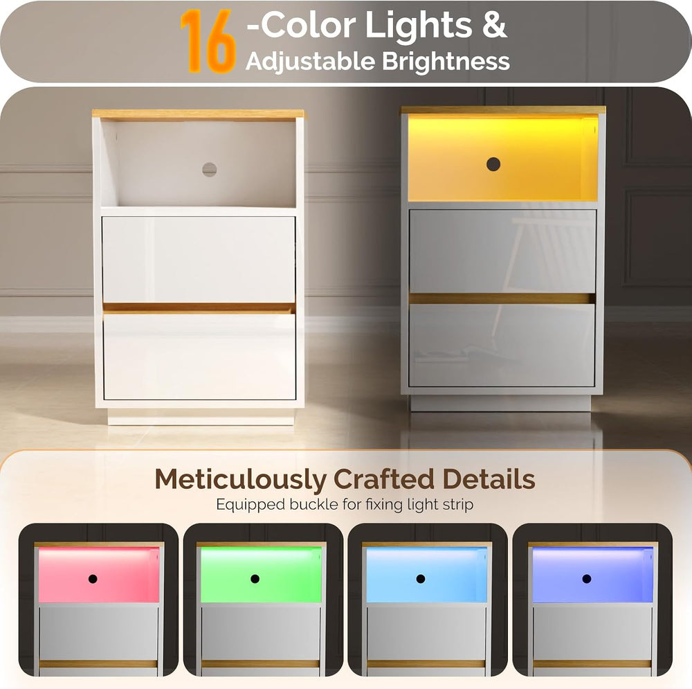 VINGLI White Nightstand with Charging Station, High Gloss Led Night Stand wit...