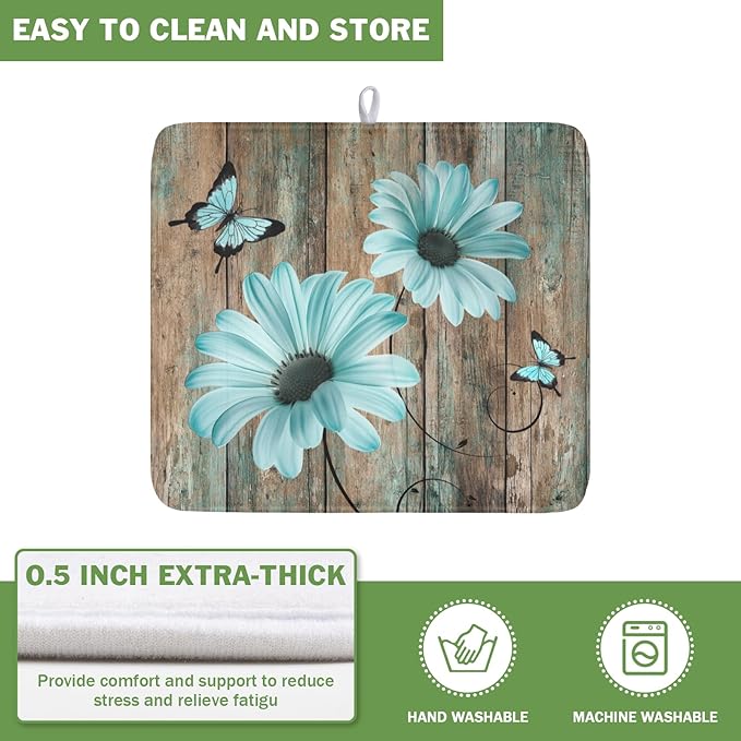 Teal Sunflowers Drying Mat 18x16 Inch, Summer Wooden Board Drying Mat - Image 5