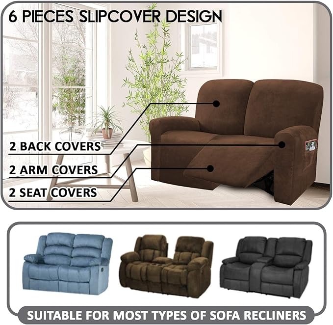 ULTICOR Reclining Love Seat Slipcover, 6-Piece Velvet Stretch Loveseat - Image 3