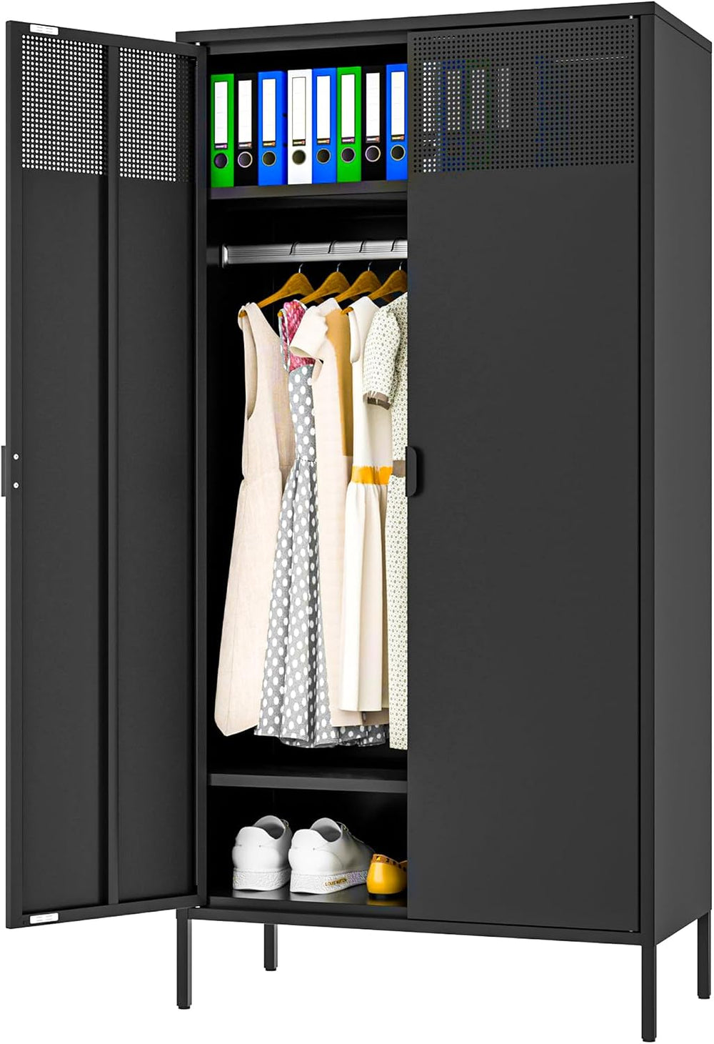 Ustamio 71 Inches Black Metal Wardrobe Cabinet with Hanging Rod, Metal Armoir...