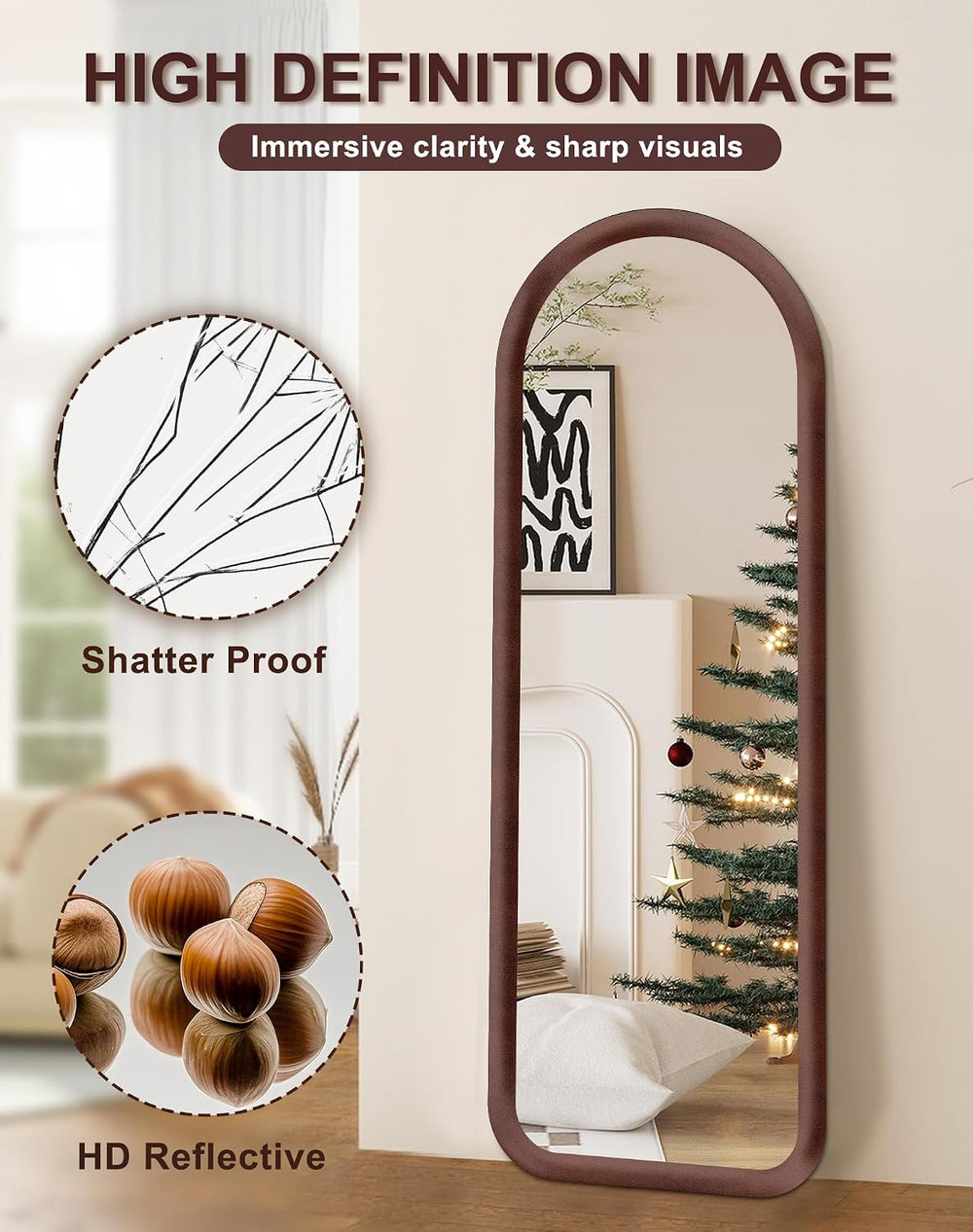 Arched Full Length Mirror, Free Standing Floor Velvet Finish Frame Mirror for...