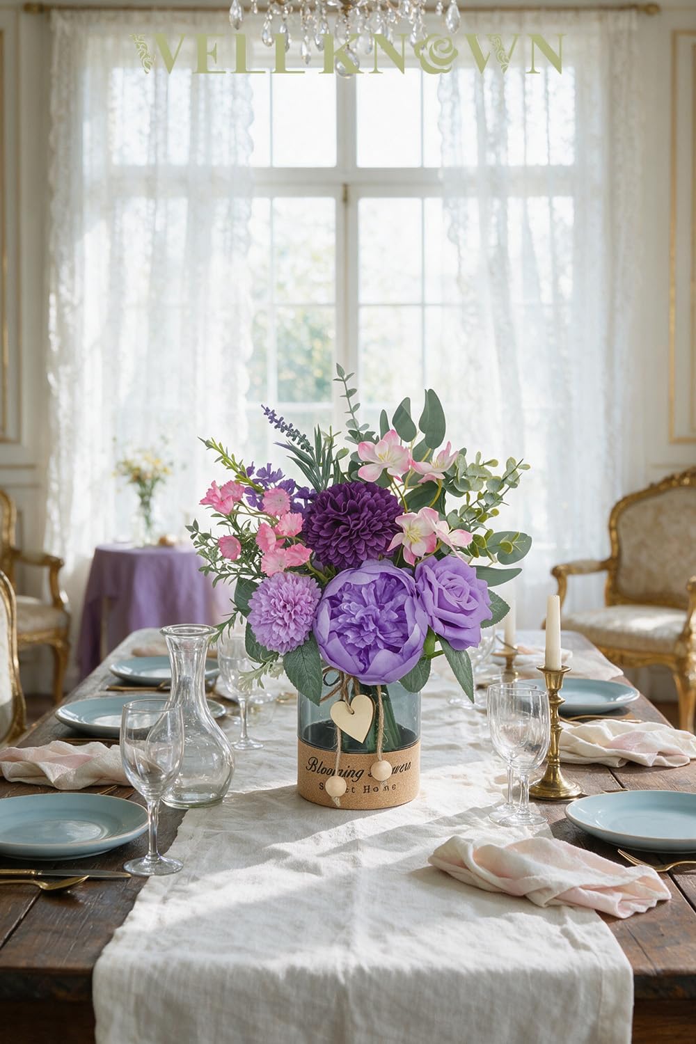 Artificial Purple Flower Arrangement in Glass Vase with Heart Tag
