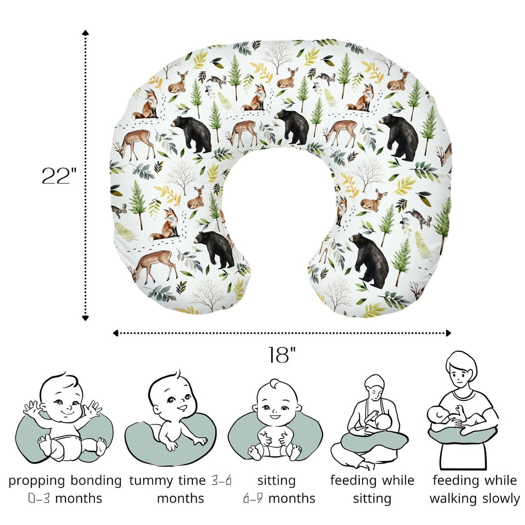 HawSkgFub Forest Animals Creatures Nursing Pillow Cover for Baby Boys, Pine Tree Bear Fox Deer Leaf Breastfeeding Pillow Slipcover, Nursing Pillowcase for Newborn Infant, Cover Only