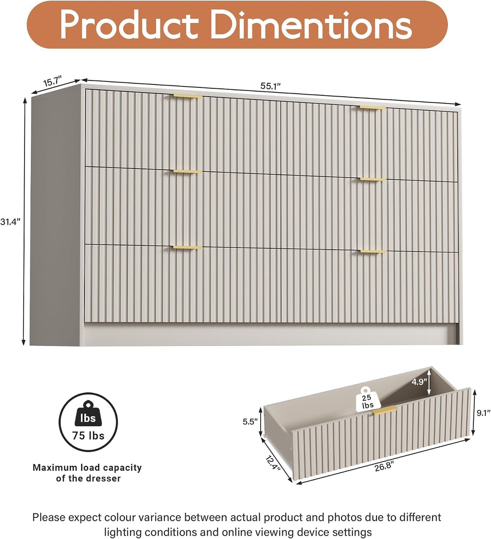 3 Piece Modern Bedroom Set, 6 Drawer Dresser with 2 Nightstands, Beige
